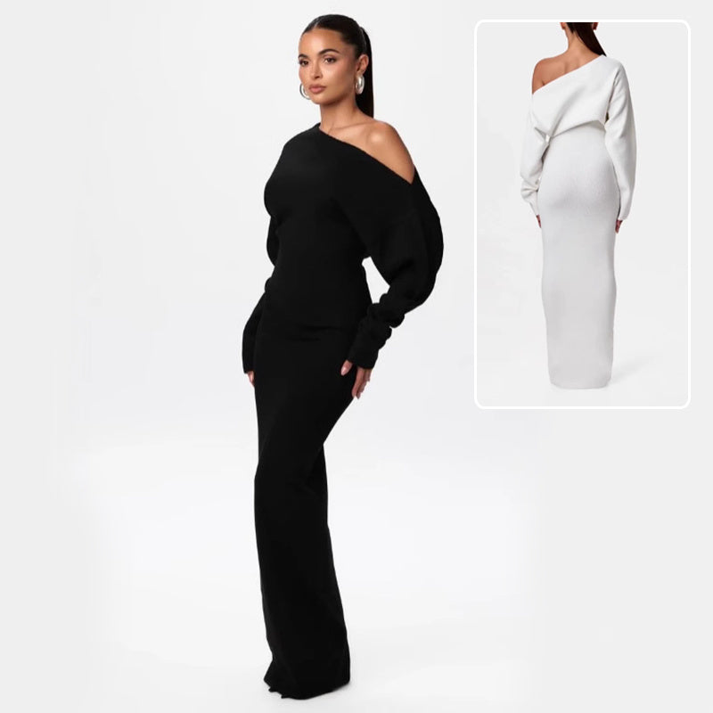 Ins Slim Long Sleeve Knitted Dress Evening Party Sexy Off-shoulder Bodycon Long Dresses
