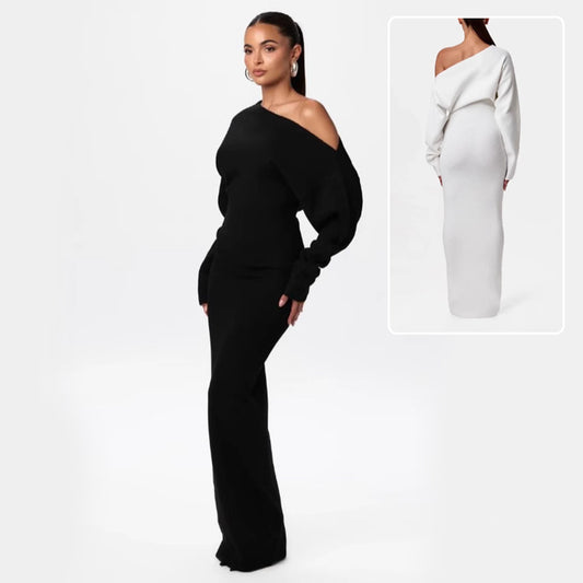 Ins Slim Long Sleeve Knitted Dress Evening Party Sexy Off-shoulder Bodycon Long Dresses