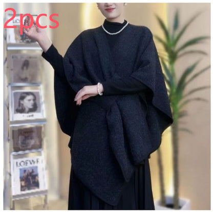Fur Collar Fur Ball Knitted Cardigan Cape And Shawl