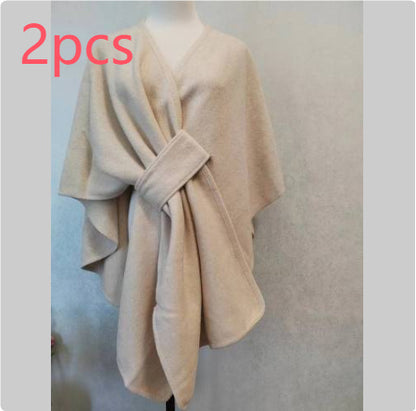 Fur Collar Fur Ball Knitted Cardigan Cape And Shawl