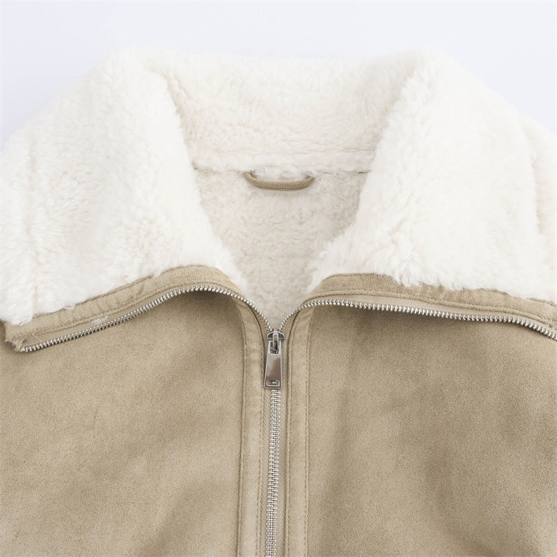 Threaded Hem Loose Fleece Warm Thickened Short Jacket For Women