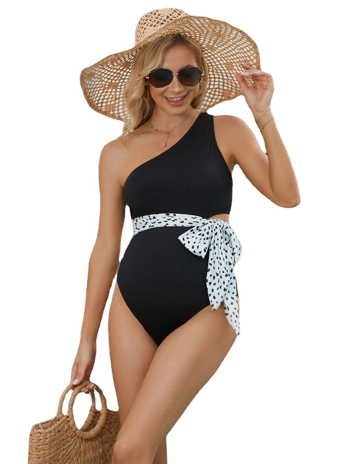 Simple Black One Shoulder Tummy Hiding Loose Belly Support Swimsuit