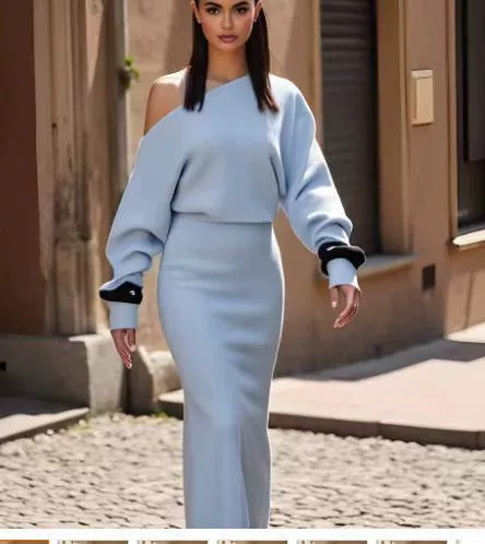 Ins Slim Long Sleeve Knitted Dress Evening Party Sexy Off-shoulder Bodycon Long Dresses