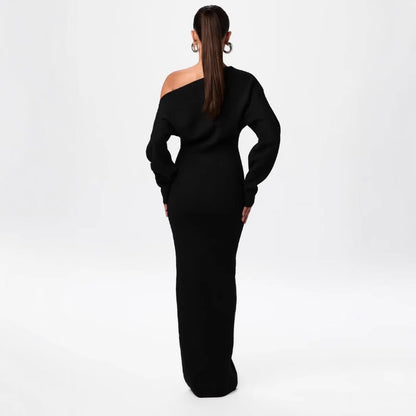 Ins Slim Long Sleeve Knitted Dress Evening Party Sexy Off-shoulder Bodycon Long Dresses