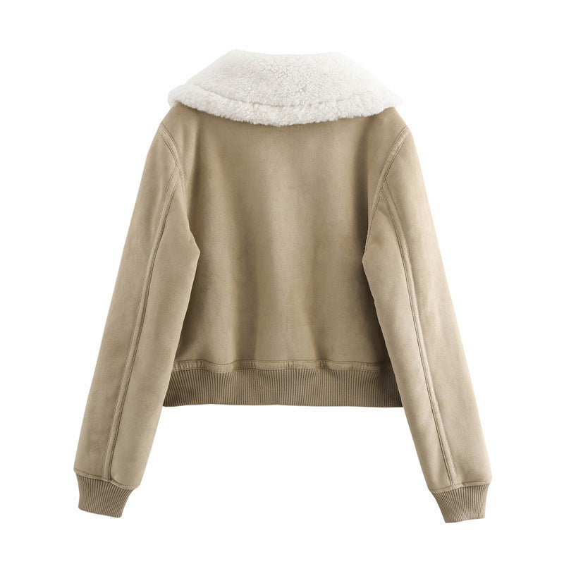 Threaded Hem Loose Fleece Warm Thickened Short Jacket For Women